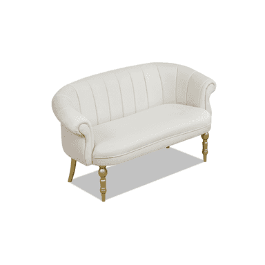 A stylish small loveseat or settee featuring a gracefully curved backrest with vertical channel tufting, rolled armrests, and an upholstered seat. The piece is supported by four golden-finished, turned wooden legs, with the front legs exhibiting a more elaborate design compared to the simpler tapered rear legs. The upholstery appears to be a soft, light-colored fabric, possibly velvet or a similar plush material. — 3D model (AI enhanced source)