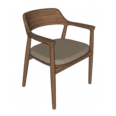 An illustration of a mid-century modern style dining chair featuring a dark wood frame and a light-colored upholstered seat cushion. The chair has a curved backrest that seamlessly transitions into integrated armrests. The legs are tapered, and the overall design is clean and minimalist. — 3D model (AI enhanced source)