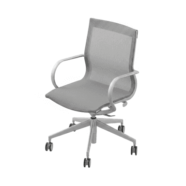 A contemporary office chair with a grey mesh back and seat, fixed curved armrests, and a five-star base with casters, suitable for office or desk use. — 3D model (AI enhanced source)