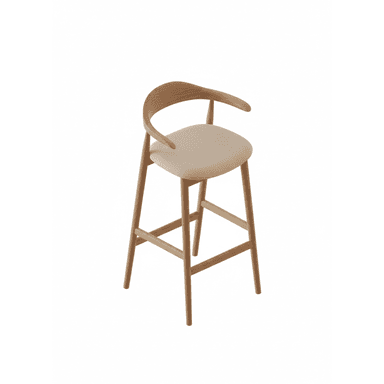 A modern bar stool with a light wood frame and a beige upholstered seat, featuring a curved backrest that doubles as armrests. The legs are slightly splayed with cross-bracing for stability. — 3D model (AI enhanced source)