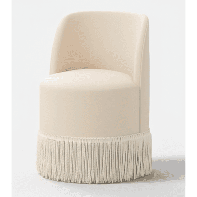 A cream-colored, cylindrical upholstered accent chair featuring a low, curved backrest and a distinctive fringe detail around its base. — 3D model (AI enhanced source)