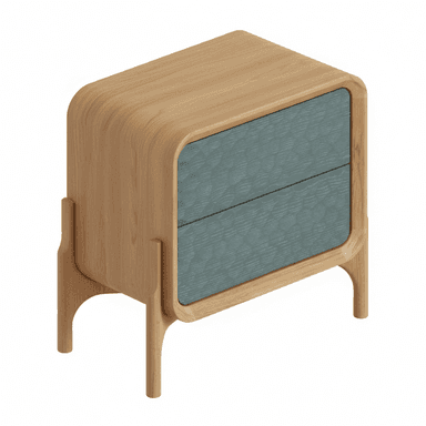 A modern two-drawer nightstand featuring a light-toned wooden frame with prominently rounded edges. The unit stands on distinctive, sculpted wooden legs that extend upwards to support the cabinet body. The two drawers have flat fronts finished in a textured, dark teal or blue-green color, contrasting with the natural wood grain. — 3D model (AI enhanced source)