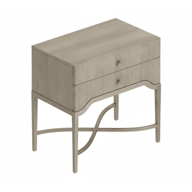 A two-drawer nightstand with a light wood grain finish on the drawers and a metallic base. The base consists of four legs connected by an arched, intersecting support structure. — 3D model (AI enhanced source)