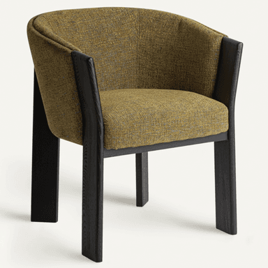 A contemporary armchair with a curved backrest and arms. The seat and back are upholstered in a textured fabric. The frame and legs are constructed from dark-finished wood, providing a stark contrast to the upholstery. — 3D model (AI enhanced source)