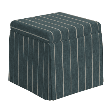 A square, upholstered ottoman featuring a pleated skirt that extends to the floor. The fabric is a dark teal with thin, light-colored vertical stripes. The top cushion is slightly rounded at the edges. — 3D model (AI enhanced source)