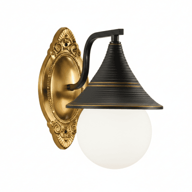 A wall-mounted light fixture featuring an ornate golden oval backplate, a curved matte black arm, a ribbed conical black shade with gold accent bands, and a spherical white glass diffuser. — 3D model (AI enhanced source)