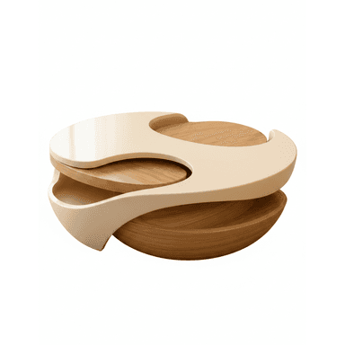 A modern two-tier coffee table featuring a sculptural, organic design with swiveling circular tops. The table consists of two main layers. The lower layer is a bowl-like form made of light-toned wood with visible grain. The upper layer is composed of two crescent-shaped elements in a light cream or beige finish, which appear to swivel over a central circular wooden surface, revealing or concealing the lower tier. The design emphasizes fluid lines and a contrasting material palette. — 3D model (AI enhanced source)