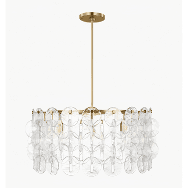A contemporary chandelier featuring a circular tiered design with multiple translucent glass discs suspended from a polished brass frame. The glass discs have an irregular texture and appear to be made of hammered or seeded glass, creating a diffused light effect. The main support structure and ceiling canopy are made of polished brass, providing a warm metallic contrast to the clear glass. — 3D model (AI enhanced source)