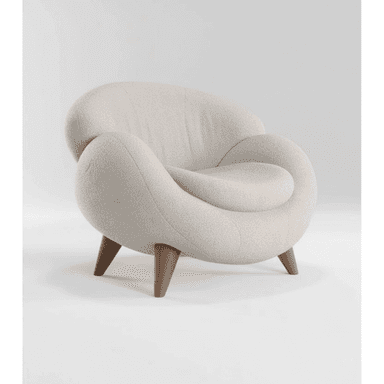 A contemporary, sculptural lounge chair upholstered in a light-colored, textured bouclé fabric, featuring an organic, rounded form and supported by four short, tapered wooden legs. — 3D model (AI enhanced source)