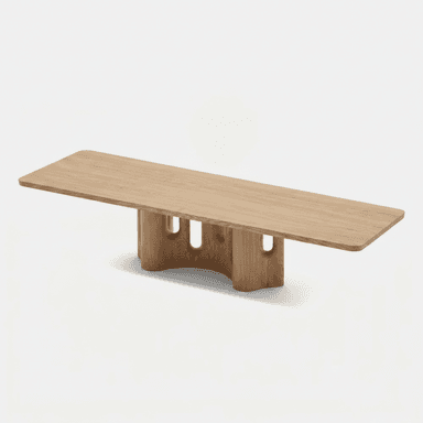 A light-toned oak wood coffee table featuring a rectangular tabletop with gently rounded corners, supported by a unique central pedestal base with arched cutouts. — 3D model (AI enhanced source)