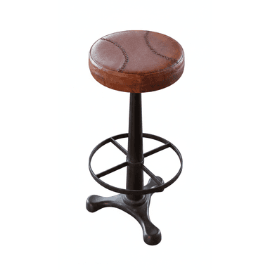 A tall, backless seating unit featuring a round, brown leather upholstered seat with decorative baseball-style stitching. The stool is supported by a dark-finished, possibly cast iron or steel, industrial-style base that includes a central column, a circular footrest, and a sturdy three-legged pedestal base. — 3D model (AI enhanced source)