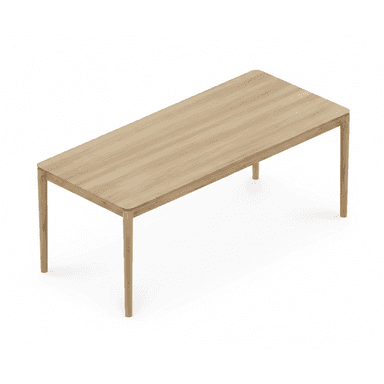 A modern, rectangular solid wood dining table with a light finish and minimalist design. It features a thick tabletop with subtly rounded corners and four slender, round tapered legs. — 3D model (AI enhanced source)