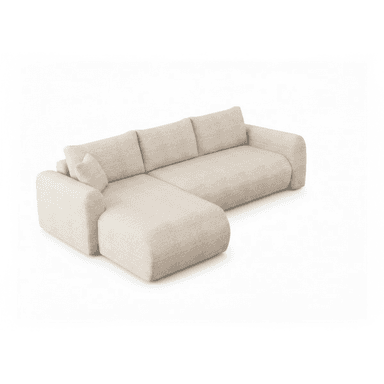 A contemporary L-shaped sectional sofa upholstered in a light beige, textured fabric. The sofa features a three-seat main section with an attached right-hand facing chaise lounge, offering ample seating and lounging space. It has rounded arms and plump, loose back cushions, suggesting a comfortable and inviting design. — 3D model (AI enhanced source)
