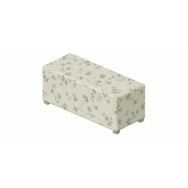 A rectangular upholstered bench featuring a cream-colored fabric with a blue and green floral pattern, supported by four small metallic feet. — 3D model (AI enhanced source)