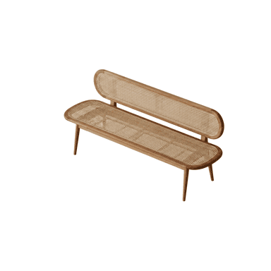 A modern bench featuring an integrated backrest, constructed from light-colored wood and woven cane webbing. The design is characterized by rounded edges, tapered legs, and a minimalist aesthetic. — 3D model (AI enhanced source)