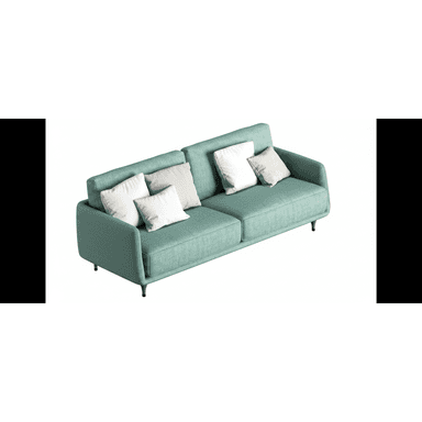 A contemporary three-seater sofa upholstered in a light teal or mint green textured fabric. It features two deep seat cushions and multiple loose back cushions in matching teal, white, and beige. The sofa has a streamlined profile with gently rounded arms and sits on four splayed, tapered wooden legs. — 3D model (AI enhanced source)
