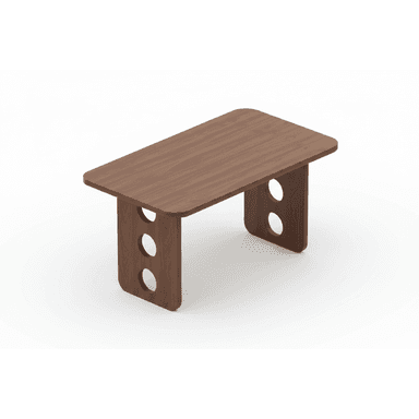 A low, rectangular wooden table with a warm walnut finish, featuring a top with rounded edges and two distinctive U-shaped slab legs, each perforated with three circular cutouts. — 3D model (AI enhanced source)