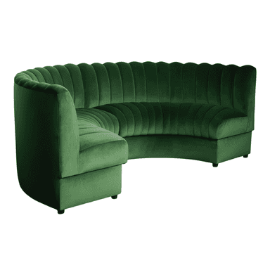 An emerald green velvet sectional sofa with channel tufting, featuring a primary curved section and an angular extension with an armrest, resting on a low-profile base. — 3D model (AI enhanced source)