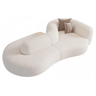 A modular, organic-shaped sofa with a textured boucle fabric upholstery. The sofa features a distinctive curved design with distinct seating sections and an integrated armrest/backrest element. Two decorative throw pillows are placed on the seating area, one solid taupe and the other with a striped pattern. — 3D model (AI enhanced source)