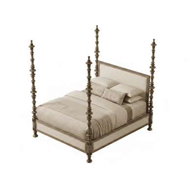 A traditional four-poster bed featuring turned wooden posts, an upholstered headboard, and side rails with nailhead trim. The bed is presented with neutral-toned bedding. — 3D model (AI enhanced source)