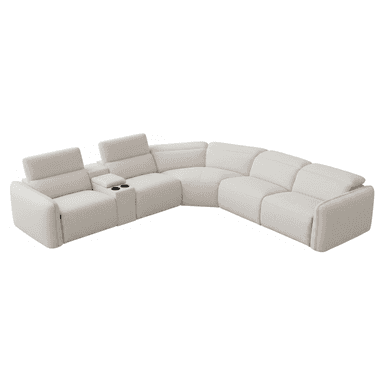 A large, L-shaped reclining sectional sofa upholstered in light beige, textured fabric. It features multiple modular components, including two end recliners with adjustable headrests and an integrated console with two cup holders between two seats. The design is contemporary with clean lines. — 3D model (AI enhanced source)