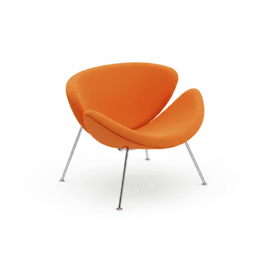 A vibrant orange upholstered lounge chair with an organic, curvilinear design, supported by slender, splayed chrome-finished metal legs. — 3D model (AI enhanced source)