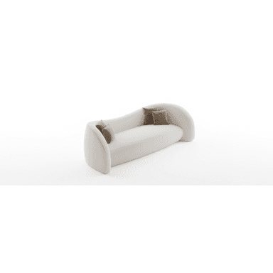 A contemporary sofa with a distinct organic and curved silhouette, upholstered in a light, neutral fabric. It features seamlessly integrated, rounded armrests and a low, flowing backrest, creating a soft and inviting form. Two small, darker throw pillows are placed on the sofa. — 3D model (AI enhanced source)