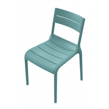A modern, armless dining chair constructed from a single mold of teal-colored plastic, featuring a slat-back and slat-seat design. — 3D model (AI enhanced source)