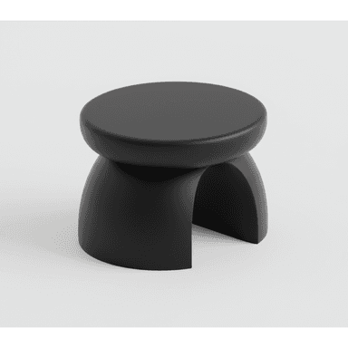 A minimalist, matte black stool with a round top and a curved, arched base. — 3D model (AI enhanced source)