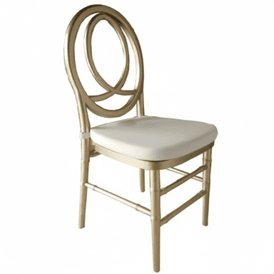 A gold-colored side chair with a distinctive looped backrest design, bamboo-style legs, and a white cushioned seat, ideal for event settings. — 3D model (AI enhanced source)