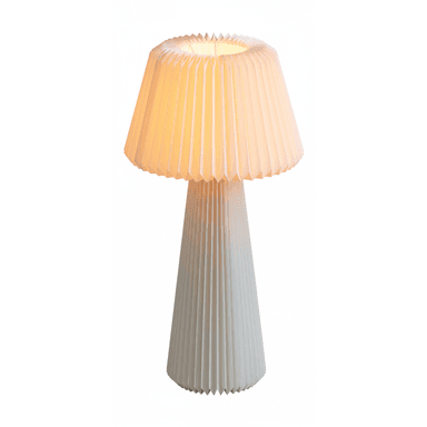A contemporary table lamp featuring an accordion-pleated design for both its shade and conical base. The lamp emits a warm, diffused light through its translucent pleated material, likely paper or plastic, creating a soft glow. Its symmetrical form evokes a mushroom-like silhouette, characteristic of modern minimalist or Scandinavian design. — 3D model (AI enhanced source)