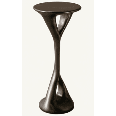 A small, dark-finished sculptural table featuring a round top and base connected by an organically twisted central support, crafted from cast metal. — 3D model (AI enhanced source)