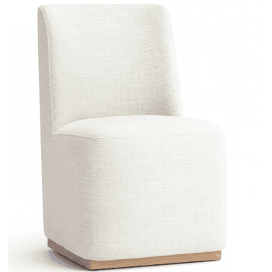 An armless, fully upholstered modern chair with a low back and a solid block-like base, featuring a light-toned textured fabric and a natural wood plinth. — 3D model (AI enhanced source)