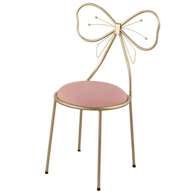 A gold-finished metal chair featuring a unique bow-shaped backrest and a round, pink upholstered seat, supported by slender tapered legs. — 3D model (AI enhanced source)
