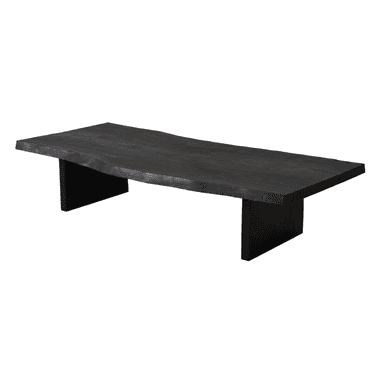A low-profile, rectangular coffee table featuring a live-edge solid wood top and two robust slab legs, all finished in a uniform black. — 3D model (AI enhanced source)