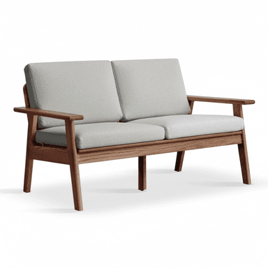 A two-seater loveseat featuring a prominent exposed wooden frame in a rich brown finish and light grey fabric cushions. The design exhibits clean lines and a mid-century modern aesthetic, with a slatted backrest structure and open armrests. — 3D model (AI enhanced source)