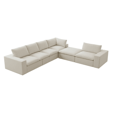 An expansive, L-shaped contemporary modular sectional sofa upholstered in a light beige, textural fabric. It is composed of several individual sections, including armless pieces, a corner piece, and end pieces with wide, low armrests. The design features deep seating cushions and loose back pillows, exuding a comfortable and relaxed aesthetic. — 3D model (AI enhanced source)