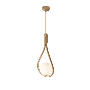A modern pendant light featuring a teardrop-shaped brass frame enclosing a spherical opal glass diffuser, suspended by a rigid rod from a circular ceiling canopy. — 3D model (AI enhanced source)