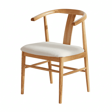 A modern armchair constructed from light-toned solid wood, featuring a distinctive curved yoke-shaped backrest and integrated armrests. The seat is upholstered with a light-colored, possibly off-white or light gray, fabric cushion. The chair stands on four straight, tapered round legs connected by stretchers for stability. The overall design emphasizes clean lines and natural materials. — 3D model (AI enhanced source)
