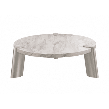 A modern, circular coffee table featuring a white marble top with gray veining, supported by three curved, brushed metal legs. — 3D model (AI enhanced source)