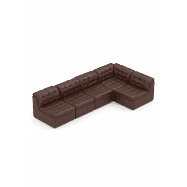 A modular L-shaped sofa composed of five individual square units. Each unit features tufted cushioning with a diamond pattern. The sofa is upholstered in a dark brown material, likely leather, and sits low to the ground with no visible legs. The design appears modern with a somewhat retro aesthetic due to the tufting. — 3D model (AI enhanced source)