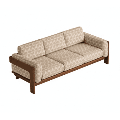A mid-century modern style three-seater sofa featuring an exposed dark wood frame that forms the base, arms, and legs. It is upholstered in a light beige fabric with a geometric pattern. The sofa has three individual seat cushions and three matching back cushions, suggesting a comfortable and structured seating experience. — 3D model (AI enhanced source)