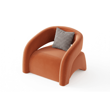 A contemporary upholstered armchair featuring a rounded, low-profile design, entirely covered in a rich burnt-orange velvet fabric. The wide armrests and backrest form a continuous, enveloping silhouette, creating a monolithic appearance. A small black and white houndstooth pattern cushion is placed against the backrest. — 3D model (AI enhanced source)