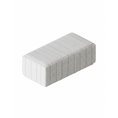 A rectangular upholstered ottoman featuring a subtle light grey and white striped fabric pattern. The object has a simple, block-like form with a low profile and appears to be softly padded. — 3D model (AI enhanced source)