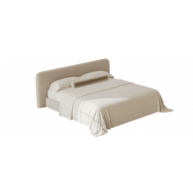 A modern upholstered platform bed with an integrated, gently rounded headboard, covered in a light beige fabric. The bed is presented with neutral-colored bedding. — 3D model (AI enhanced source)