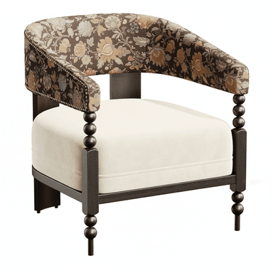 An armchair featuring a barrel-shaped back and integrated armrests upholstered in a dark, multi-colored floral fabric with brass nailhead trim. The seat cushion is upholstered in a plain, light cream fabric. The chair's frame is made of dark-stained wood, with distinctive bobbin-turned front legs and straight square rear legs. — 3D model (AI enhanced source)
