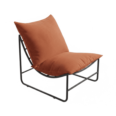 A contemporary armchair featuring a minimalistic black metal frame supporting a plush, corduroy-upholstered cushion in a warm terracotta or rust orange color. The frame has a fluid, curved design with intersecting linear elements for stability. The seat and backrest are integrated into a single, generously padded unit. — 3D model (AI enhanced source)