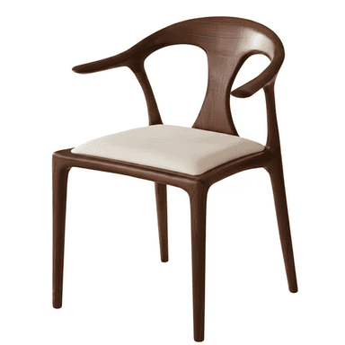 A modern wooden dining armchair with a sculptural dark brown frame and an upholstered cream-colored seat cushion. The backrest and armrests are integrated into a single, flowing design. — 3D model (AI enhanced source)
