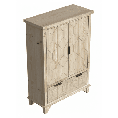 A light-toned wooden storage cabinet featuring two upper cabinet doors and two lower drawers. The entire facade, including doors and drawers, is adorned with an etched or carved geometric pattern composed of interlocking trapezoids and rectangles. The cabinet is finished in a natural, light wood tone, showcasing visible wood grain. It is equipped with minimalist black bar handles for both the doors and drawers. The cabinet stands on short, subtly flared feet, providing a slight elevation from the floor. — 3D model (AI enhanced source)
