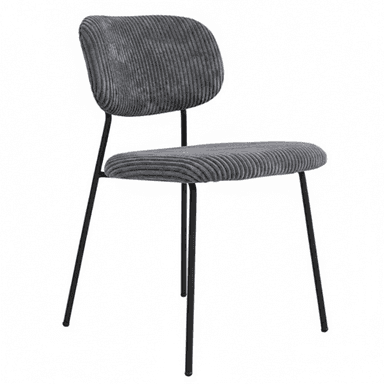 A modern dining or side chair featuring a gray ribbed corduroy upholstery on both the seat and backrest. The backrest is gently curved for ergonomic support, and the seat is a flat, upholstered pad. The chair is supported by four slender, splayed black metal legs. — 3D model (AI enhanced source)